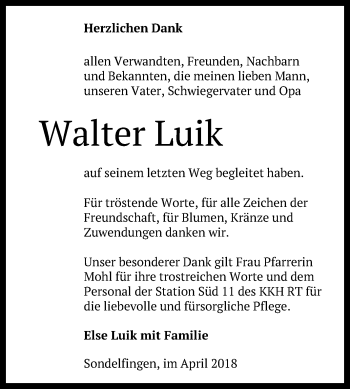 Anzeige von Walter Luik von Reutlinger General-Anzeiger