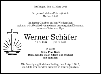Anzeige von Werner Schäfer von Reutlinger General-Anzeiger