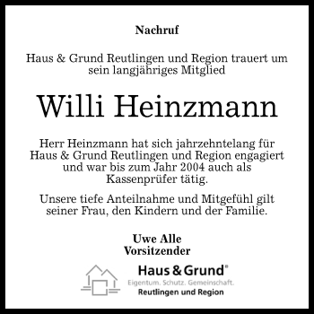 Anzeige von Willi Heinzmann von Reutlinger General-Anzeiger