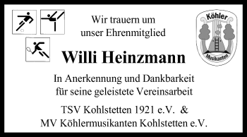 Anzeige von Willi Heinzmann von Reutlinger General-Anzeiger