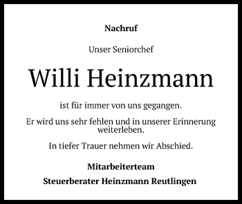 Anzeige von Willi Heinzmann von Reutlinger General-Anzeiger