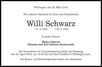 Anzeige von Willi Schwarz von Reutlinger General-Anzeiger