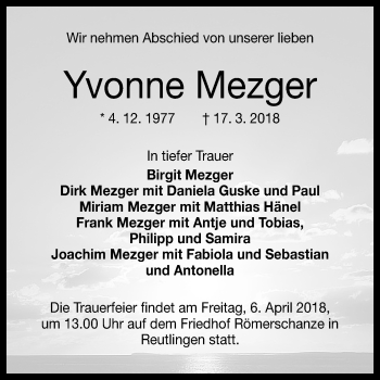 Anzeige von Yvonne Mezger von Reutlinger General-Anzeiger