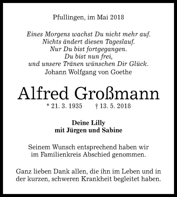 Anzeige von Alfred Großmann von Reutlinger General-Anzeiger