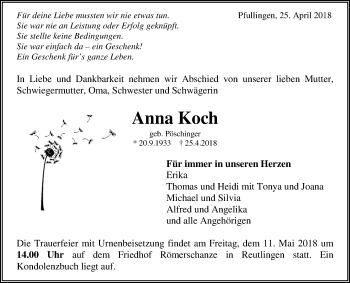Anzeige von Anna Koch von Reutlinger General-Anzeiger