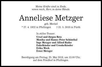 Anzeige von Anneliese Metzger von Reutlinger General-Anzeiger