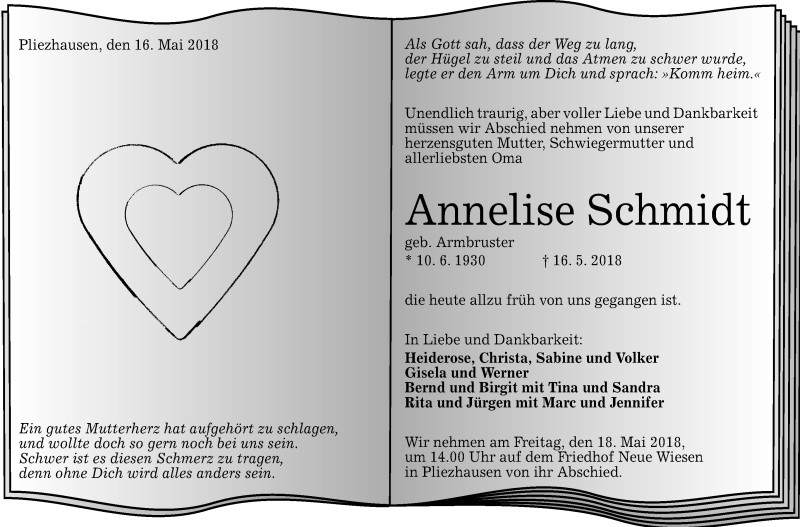  Traueranzeige für Annelise Schmidt vom 17.05.2018 aus Reutlinger General-Anzeiger