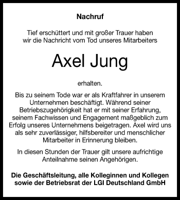 Anzeige von Axel Jung von Reutlinger General-Anzeiger