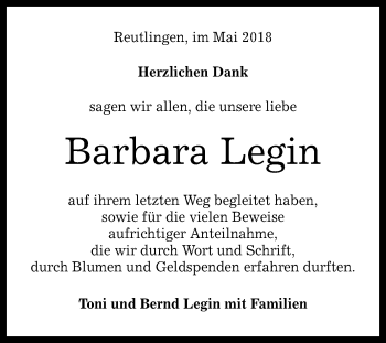 Anzeige von Barbara Legin von Reutlinger General-Anzeiger