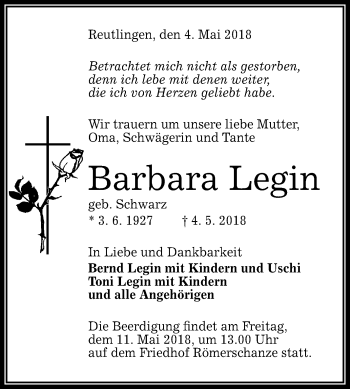 Anzeige von Barbara Legin von Reutlinger General-Anzeiger