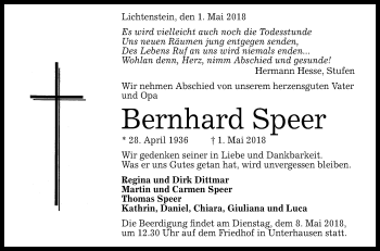 Anzeige von Bernhard Speer von Reutlinger General-Anzeiger