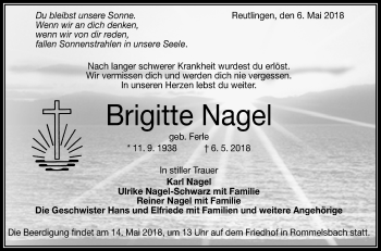 Anzeige von Brigitte Nagel von Reutlinger General-Anzeiger