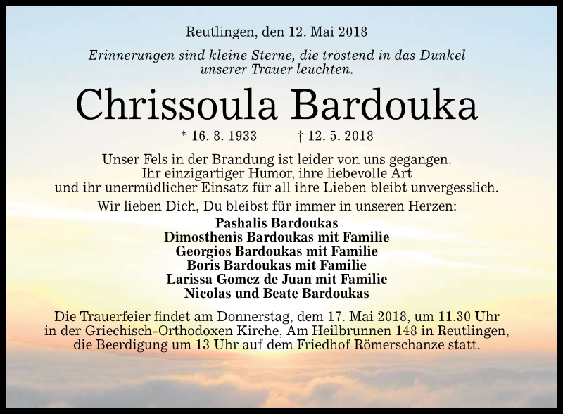  Traueranzeige für Chrissoula Bardouka vom 15.05.2018 aus Reutlinger General-Anzeiger