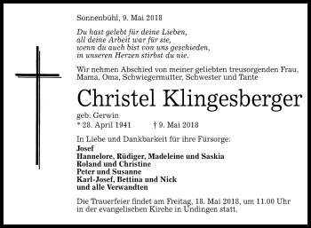 Anzeige von Christel Klingesberger von Reutlinger General-Anzeiger