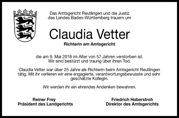 Anzeige von Claudia Vetter von Reutlinger General-Anzeiger