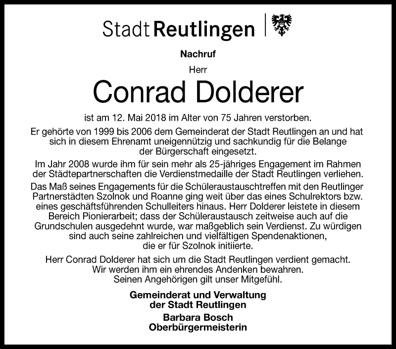  Traueranzeige für Conrad Dolderer vom 16.05.2018 aus Reutlinger General-Anzeiger