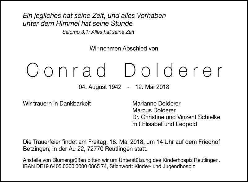  Traueranzeige für Conrad Dolderer vom 15.05.2018 aus Reutlinger General-Anzeiger