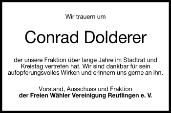 Anzeige von Conrad Dolderer von Reutlinger General-Anzeiger