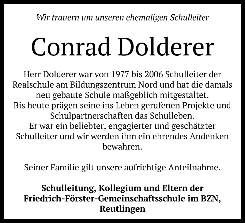  Traueranzeige für Conrad Dolderer vom 16.05.2018 aus Reutlinger General-Anzeiger