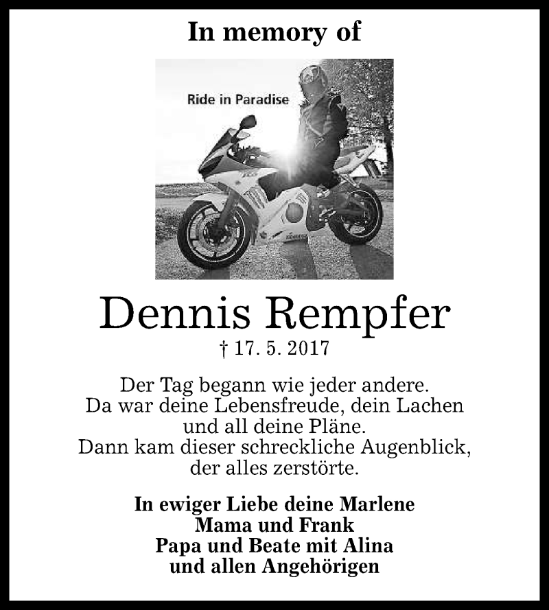  Traueranzeige für Dennis Rempfer vom 17.05.2018 aus Reutlinger General-Anzeiger