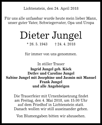 Anzeige von Dieter Jungel von Reutlinger General-Anzeiger