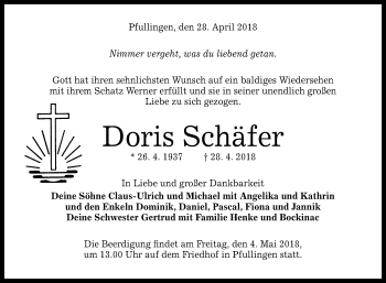 Anzeige von Doris Schäfer von Reutlinger General-Anzeiger