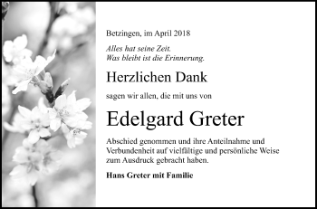 Anzeige von Edelgard Greter von Reutlinger General-Anzeiger