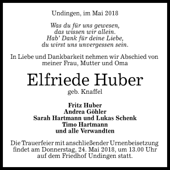 Anzeige von Elfriede Huber von Reutlinger General-Anzeiger