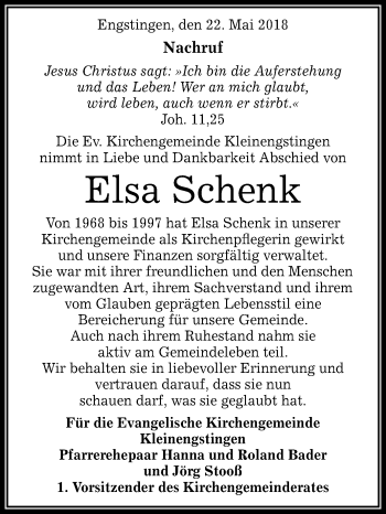 Anzeige von Elsa Schenk von Reutlinger General-Anzeiger