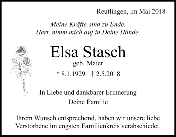 Anzeige von Elsa Stasch von Reutlinger General-Anzeiger