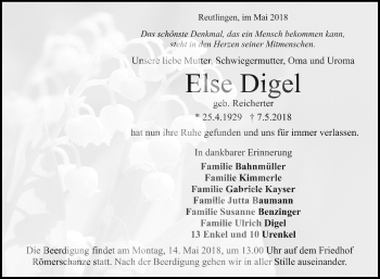 Anzeige von Else Digel von Reutlinger General-Anzeiger