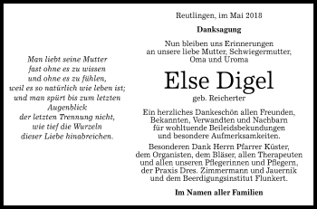 Anzeige von Else Digel von Reutlinger General-Anzeiger