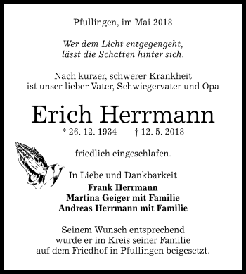 Anzeige von Erich Herrmann von Reutlinger General-Anzeiger