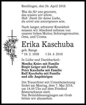 Anzeige von Erika Kaschuba von Reutlinger General-Anzeiger