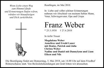 Anzeige von Franz Weber von Reutlinger General-Anzeiger