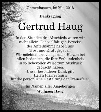 Anzeige von Gertrud Haug von Reutlinger General-Anzeiger