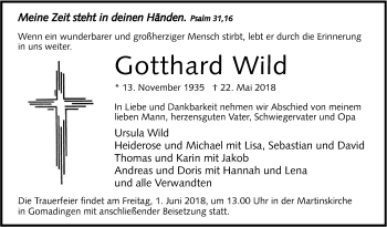 Anzeige von Gotthard Wild von Reutlinger General-Anzeiger