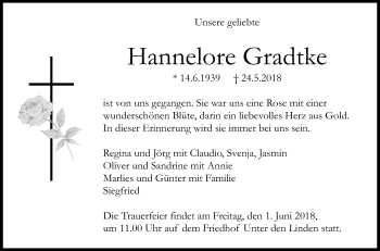 Anzeige von Hannelore Gradtke von Reutlinger General-Anzeiger