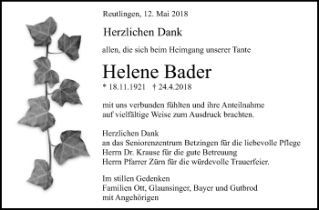 Anzeige von Helene Bader von Reutlinger General-Anzeiger