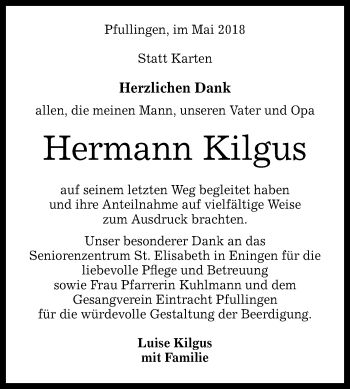 Anzeige von Hermann Kilgus von Reutlinger General-Anzeiger
