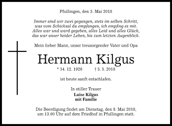 Anzeige von Hermann Kilgus von Reutlinger General-Anzeiger