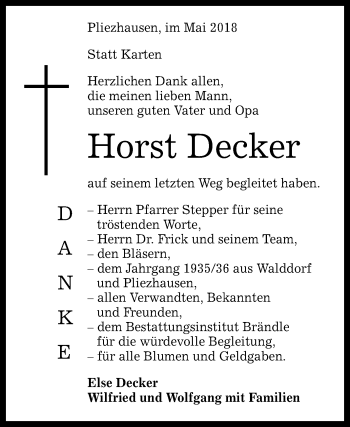 Anzeige von Horst Decker von Reutlinger General-Anzeiger