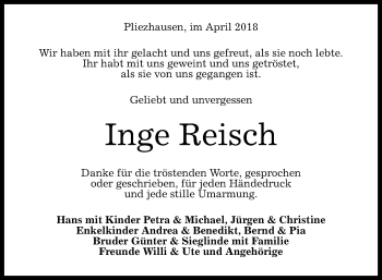 Anzeige von Inge Reisch von Reutlinger General-Anzeiger