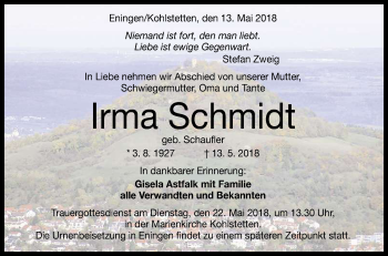 Anzeige von Irma Schmidt von Reutlinger General-Anzeiger