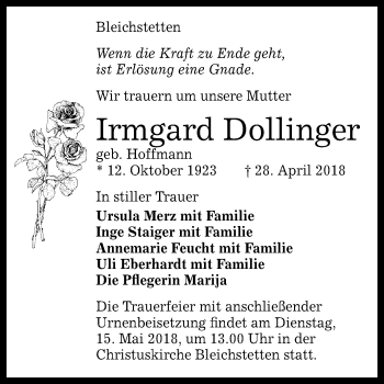 Anzeige von Irmgard Dollinger von Reutlinger General-Anzeiger