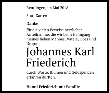 Anzeige von Johannes Karl Friederich von Reutlinger General-Anzeiger