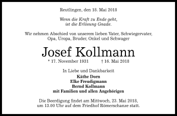 Anzeige von Josef Kollmann von Reutlinger General-Anzeiger