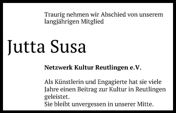 Anzeige von Jutta Susa von Reutlinger General-Anzeiger