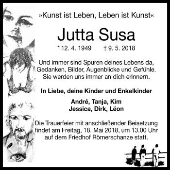 Anzeige von Jutta Susa von Reutlinger General-Anzeiger