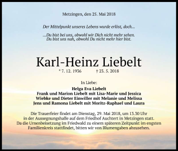 Anzeige von Karl-Heinz Liebelt von Reutlinger General-Anzeiger